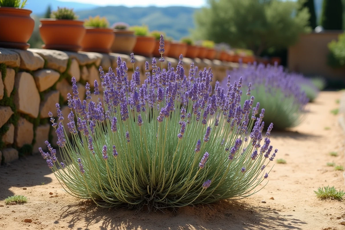Plant de lavande en pleine floraison dans un jardin provençal avec des épis violets sur fond de mur en pierre