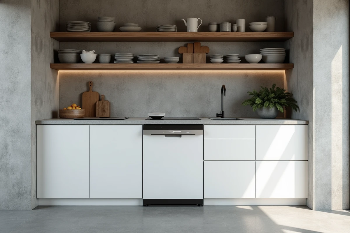 Lave-vaisselle intégré en bout d'îlot de cuisine dans un appartement urbain avec murs en béton et étagères ouvertes