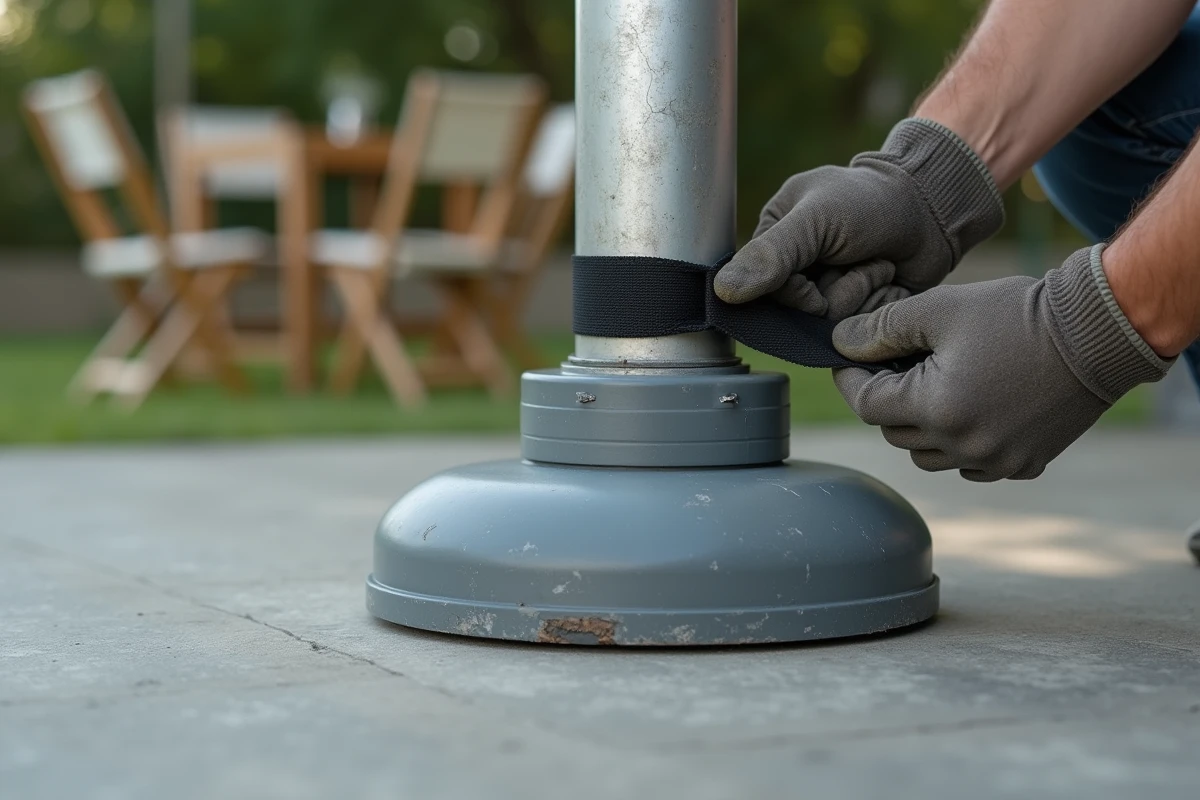 Gros plan sur le lestage d'un pied de gazebo avec plaque de base lestée et sangle de fixation