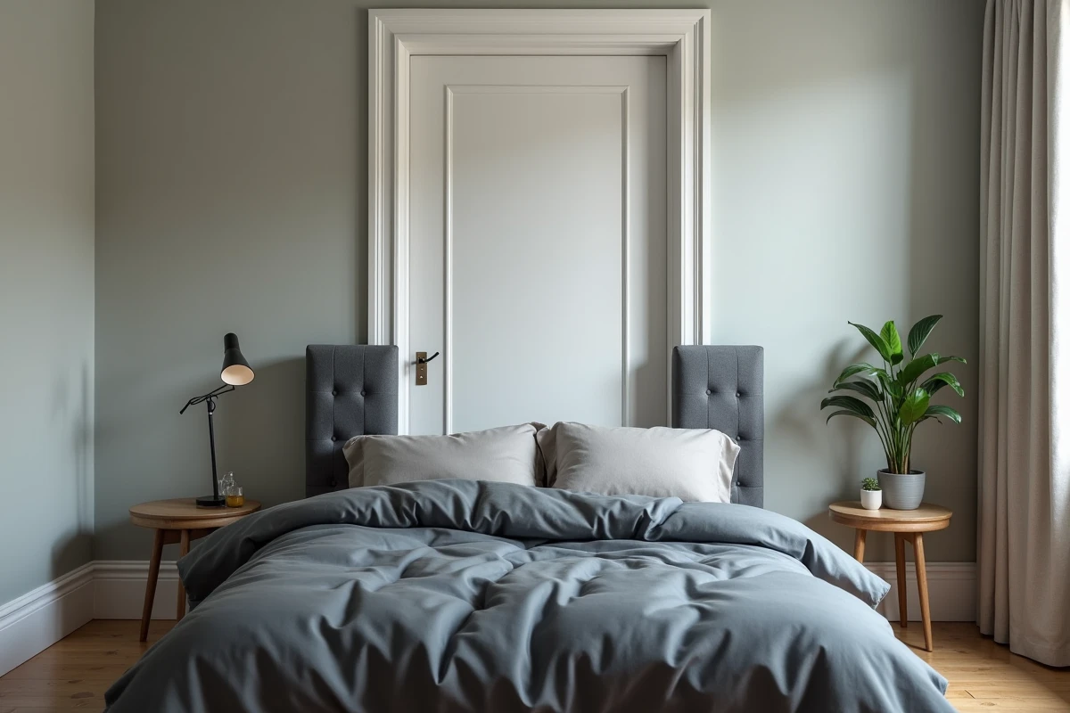 Lit placé directement en face d'une porte fermée dans une chambre d'appartement, illustrant une mauvaise disposition feng shui