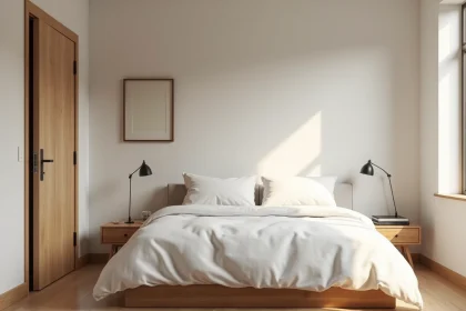 Chambre minimaliste avec lit bien positionné contre un mur latéral, loin de la porte en bois visible en arrière-plan
