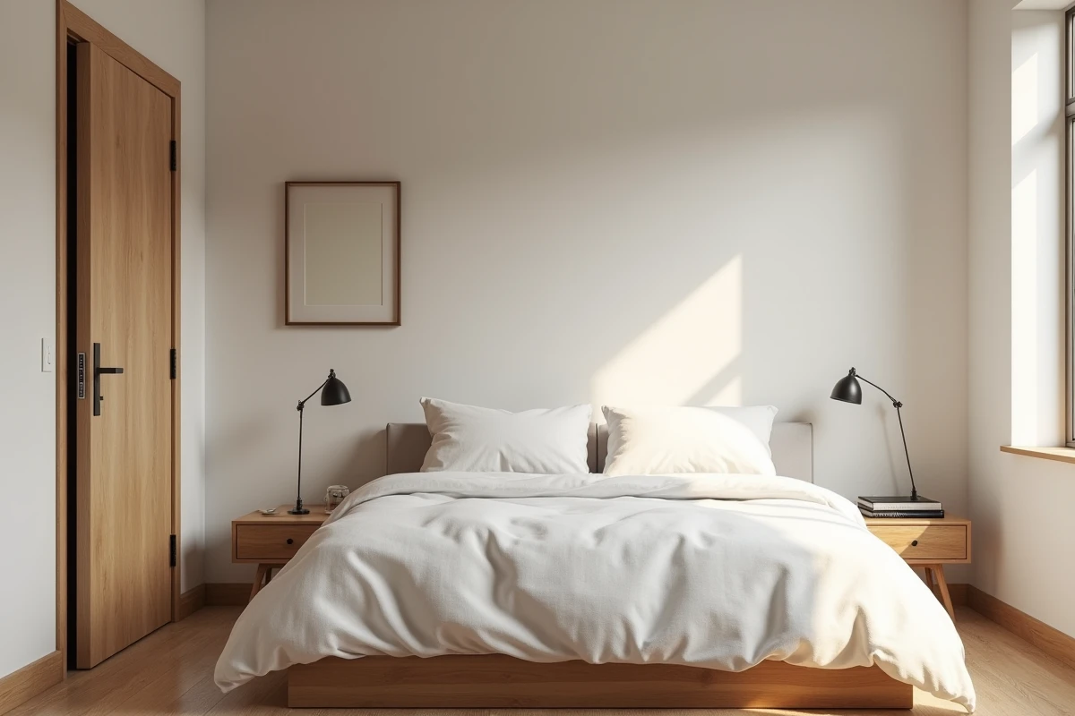 Chambre minimaliste avec lit bien positionné contre un mur latéral, loin de la porte en bois visible en arrière-plan