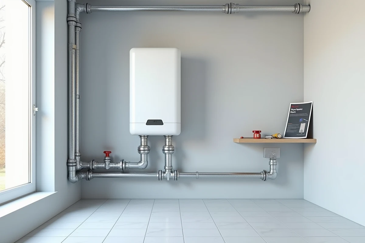 Local technique avec une pompe à chaleur géothermique installée et brochure sur les aides MaPrimeRénov