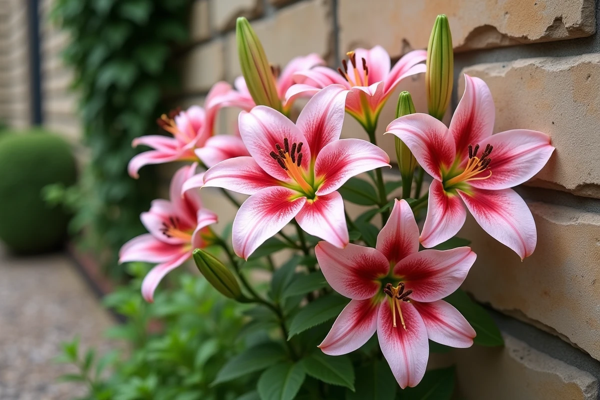 Lys stargazer roses en pleine floraison contre un mur de pierre dans un jardin classique