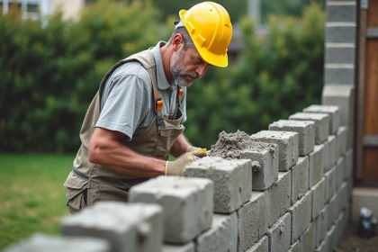 Maçon construisant un mur de jardin en parpaings d'environ 1,8 mètre de hauteur dans un jardin pavillonnaire français