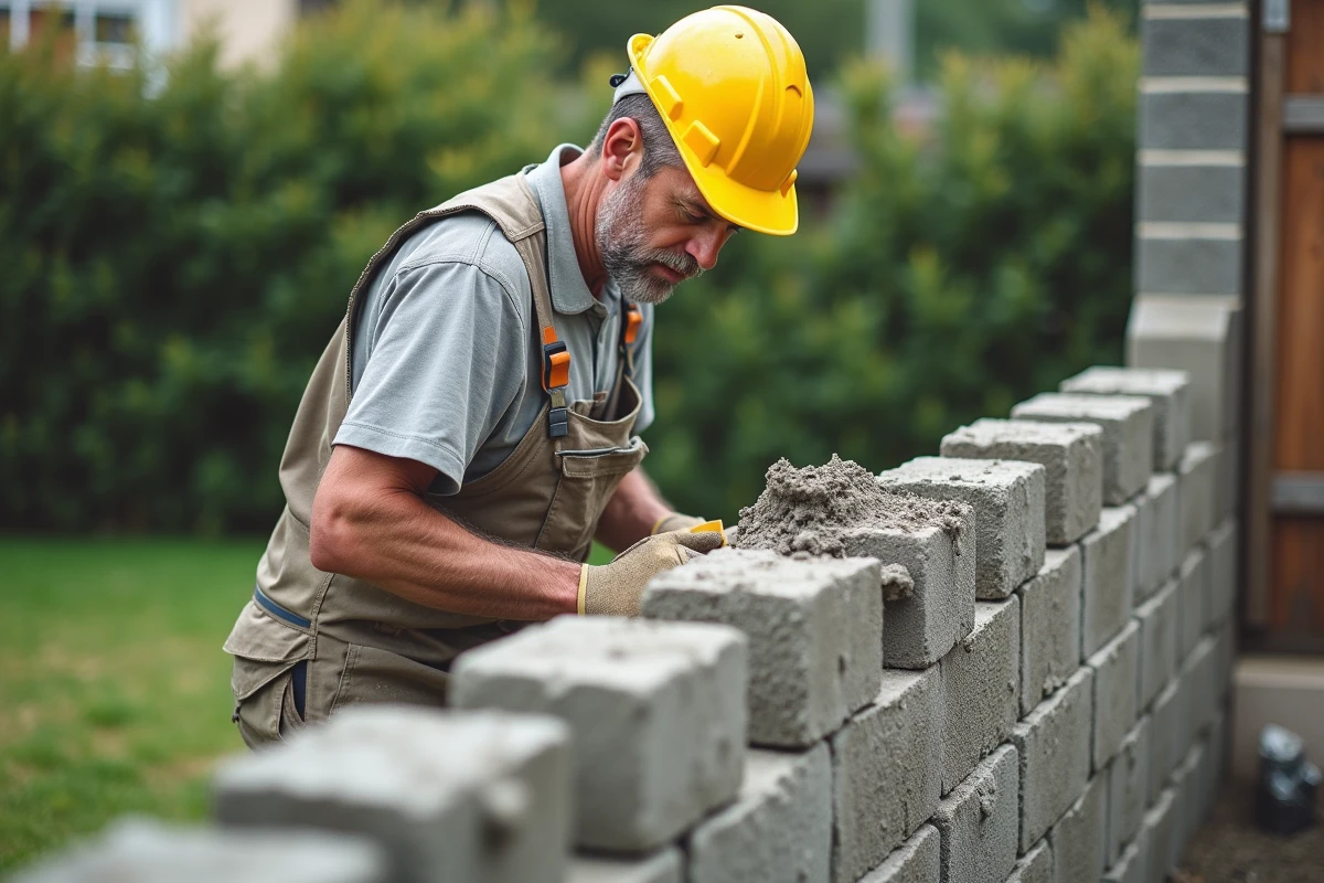 Maçon construisant un mur de jardin en parpaings d'environ 1,8 mètre de hauteur dans un jardin pavillonnaire français