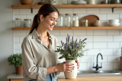Femme arrangeant un bouquet d'eucalyptus et de lavande séchée dans une cuisine blanche pour parfumer naturellement la maison