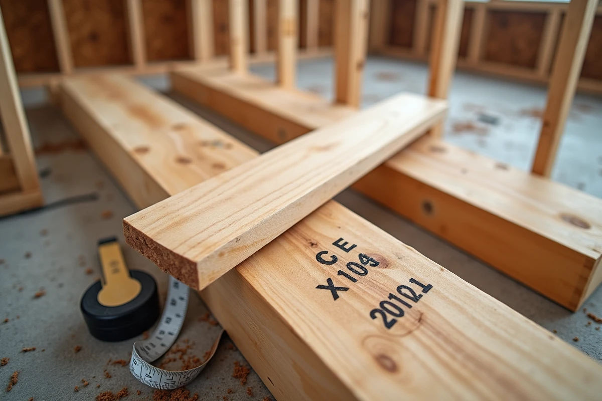 Gros plan sur le marquage de classe C24 sur une planche de bois structurel sur chantier