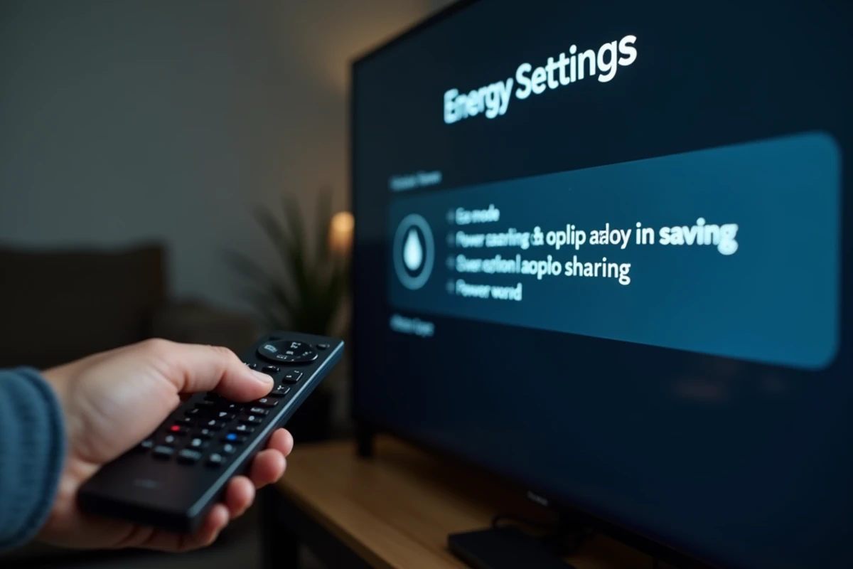 Télécommande pointée vers un menu d'économie d'énergie affiché sur un écran de télévision
