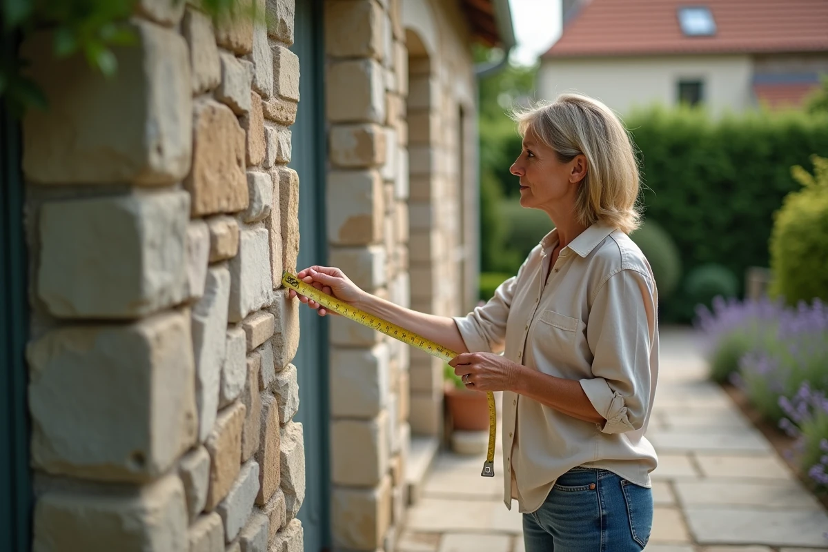 Femme mesurant la hauteur d'un mur de clôture en pierre dans un jardin avec un mètre ruban