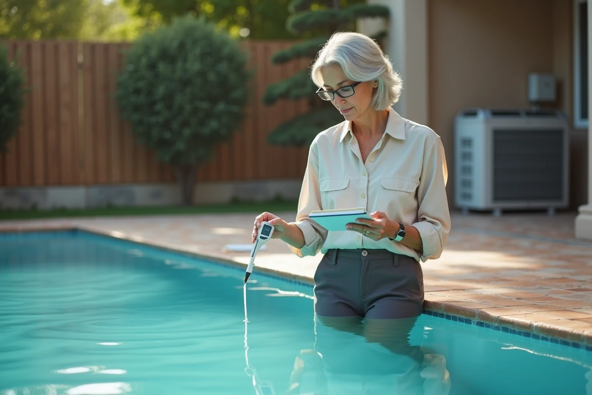 Femme mesurant la température de l'eau d'une piscine au printemps avant de démarrer la thermopompe