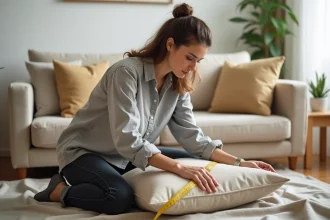 Femme mesurant une housse de coussin de canapé avec un mètre ruban jaune dans un salon moderne