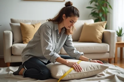 Femme mesurant une housse de coussin de canapé avec un mètre ruban jaune dans un salon moderne
