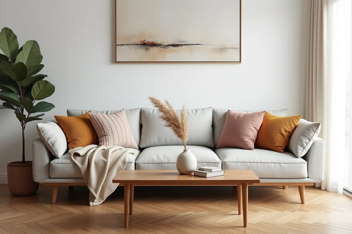 Canapé gris en lin avec coussins colorés et plaid crème dans un salon moderne au parquet en chêne