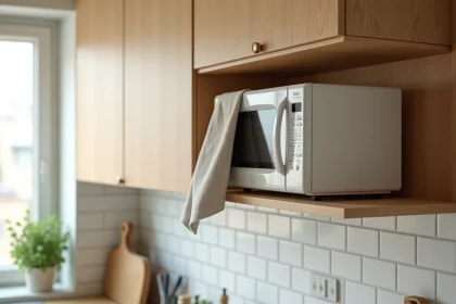 Micro-ondes compact installé sur une étagère flottante en bois dans une petite cuisine d'appartement