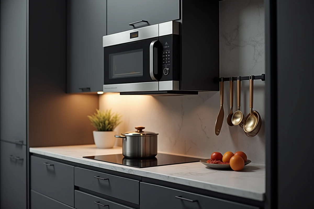 Micro-ondes encastré sous un meuble de cuisine au-dessus d'une plaque à induction dans une cuisine en couloir