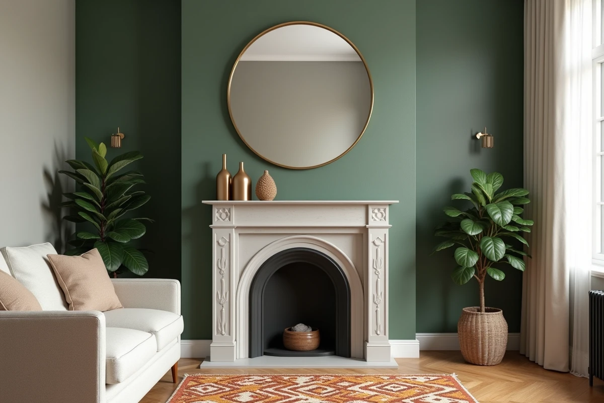 Miroir rond doré au-dessus d'une cheminée dans un salon vert sauge reflétant une fenêtre et une plante verte