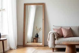 Grand miroir en bois clair dans un salon scandinave reflétant un canapé en lin et une table basse en noyer