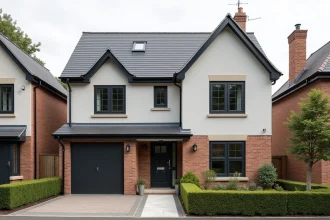 Façade de maison modernisée avec enduit gris clair, fenêtres en aluminium anthracite et porte d'entrée en bois composite sombre