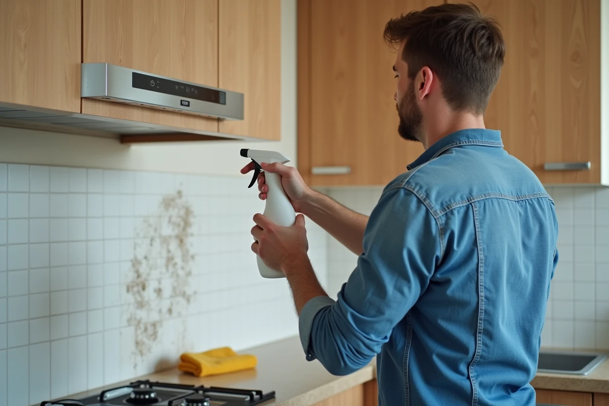 Homme nettoyant un mur carrelé de cuisine avec un spray dégraissant et un chiffon microfibre