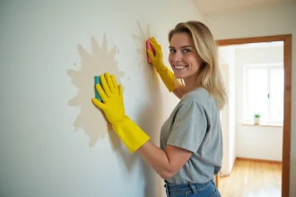 Femme nettoyant un mur peint en blanc avec une éponge savonneuse dans un couloir domestique