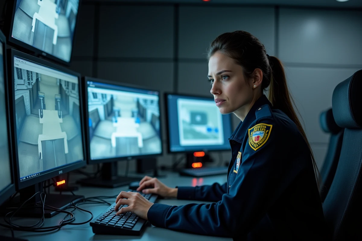 Opératrice de centre de surveillance devant des écrans de monitoring, représentant le fonctionnement d'un système d'alarme télésurveillé