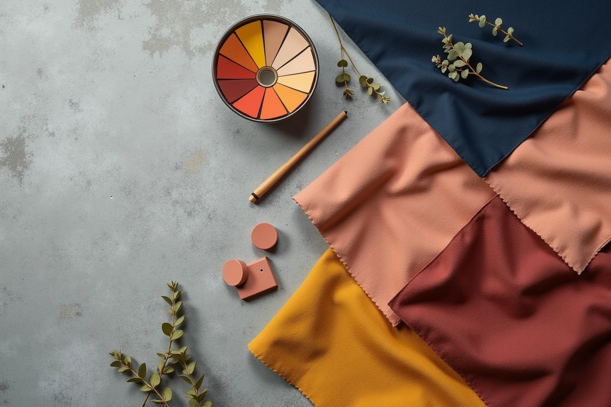 Flat lay de nuanciers de tissus et de pastilles de peinture en couleurs complémentaires — bleu marine, orange brûlé, rose poudré et moutarde — sur béton gris texturé