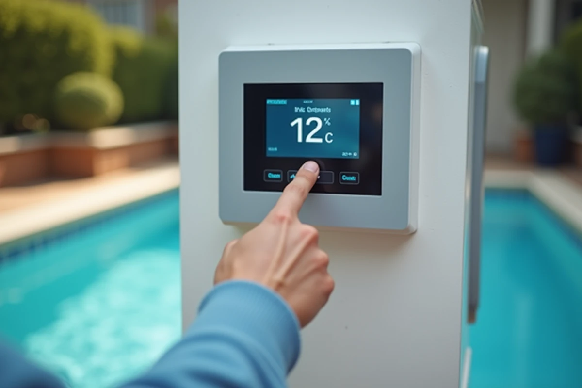 Gros plan sur le panneau de commande numérique d'une thermopompe de piscine affichant la température de l'eau