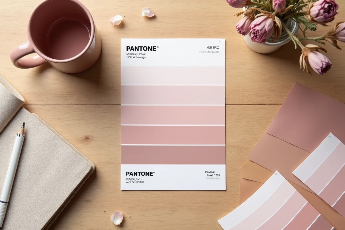 Flat lay avec une carte couleur Pantone 2026 entourée d'objets design en tons rosés sur un bureau en bois clair