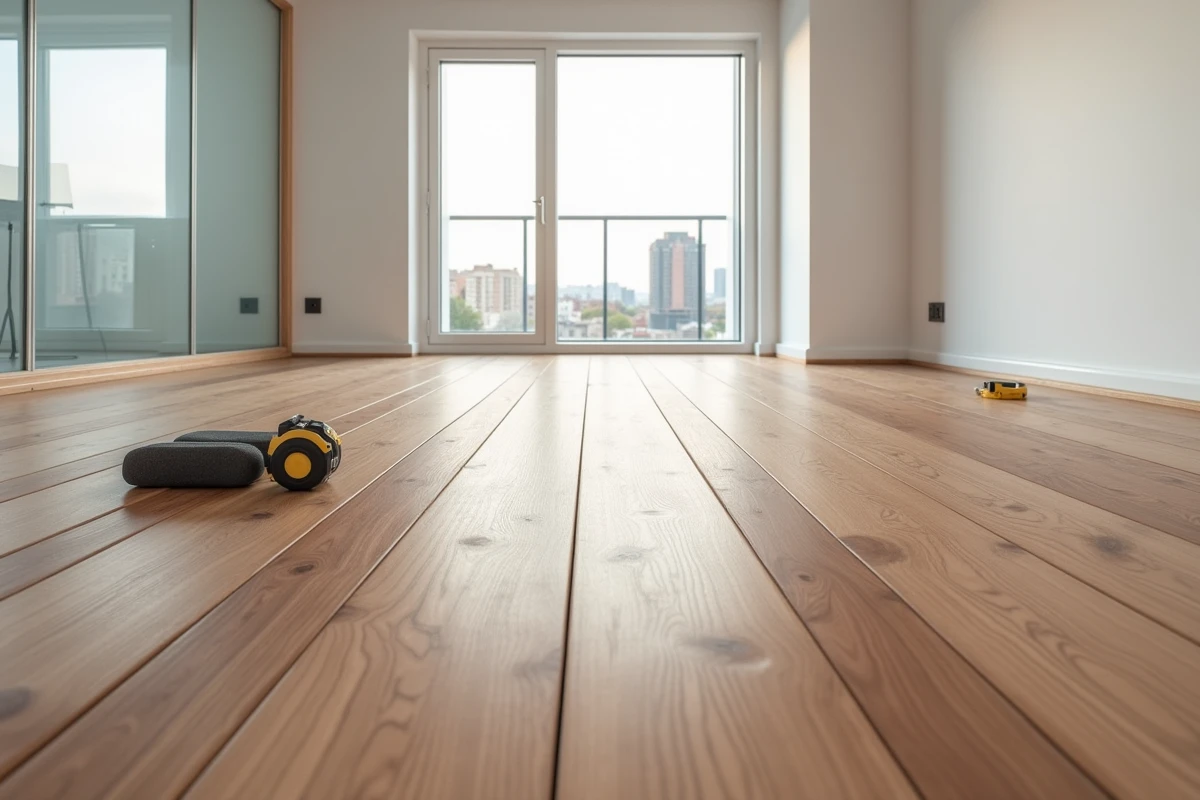 Vue grand angle d'un parquet en noyer fraîchement posé dans un appartement moderne, illustrant le résultat final après installation