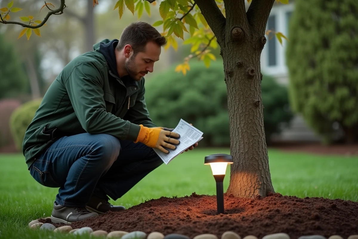 Paysagiste professionnel installant un spot LED sur pique au pied d'un érable japonais dans un jardin résidentiel