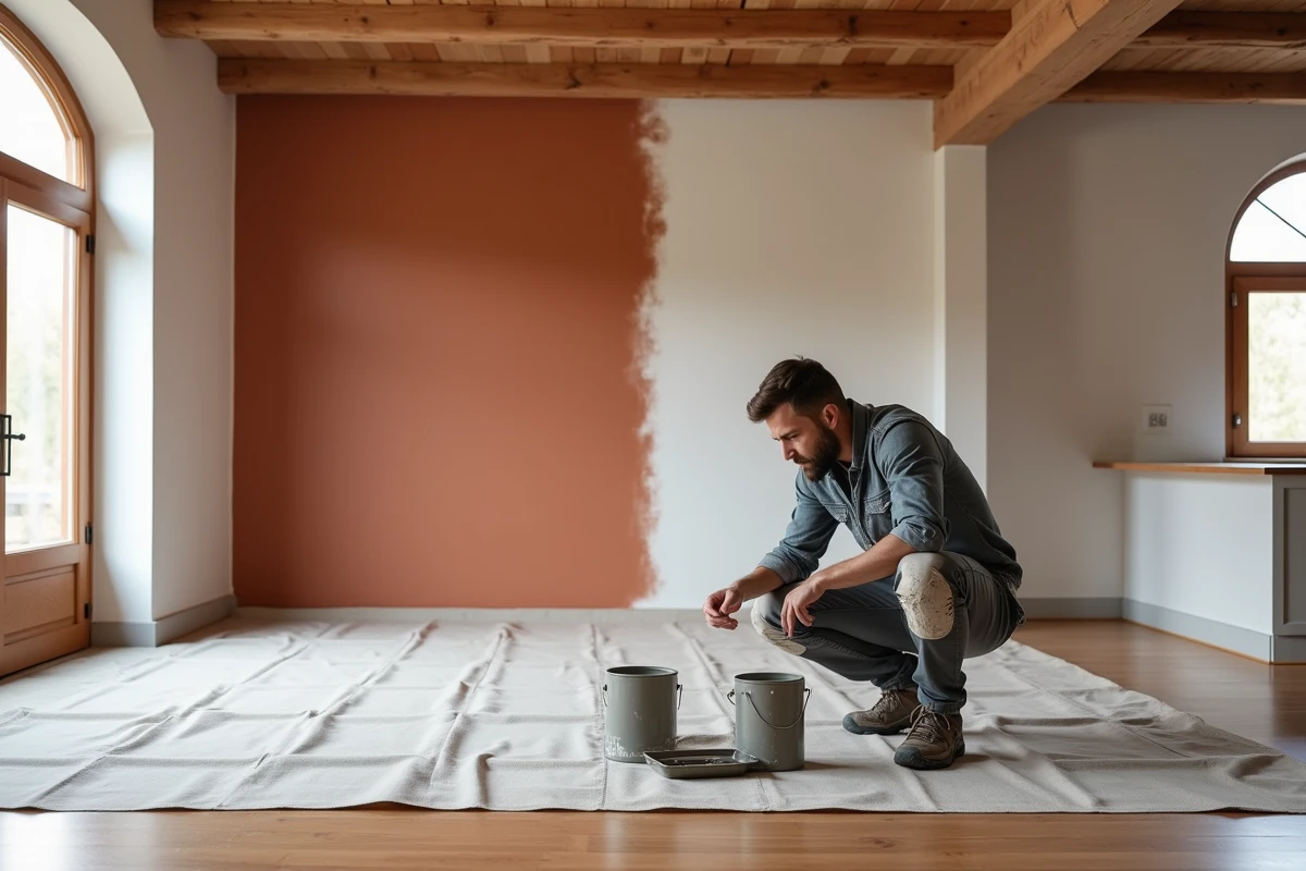 Peintre professionnel comparant deux pots de peinture dans un salon spacieux aux murs mi-peints en terracotta et plafond blanc
