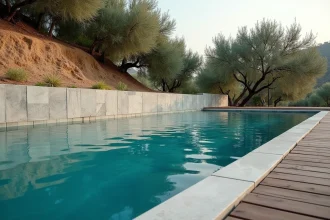 Piscine moderne à débordement avec margelles en pierre naturelle et terrasse en bois teck, tendance construction piscine contemporaine