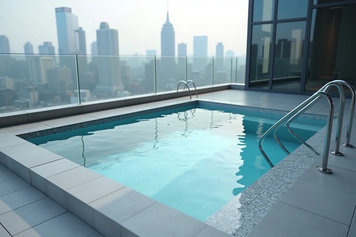 Piscine de toit rectangulaire en carrelage mosaïque gris-bleu sur terrasse d'immeuble moderne, nouvelle tendance piscine urbaine