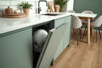 Lave-vaisselle encastré sous le plan de travail en quartz blanc à côté de l'évier dans une cuisine moderne aux façades vert sauge