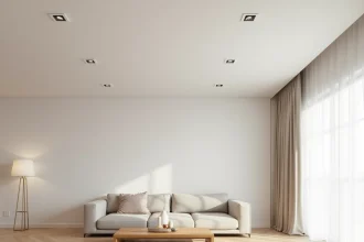 Plafond de salon avec spots encastrés disposés en grille symétrique au-dessus d'un canapé beige et d'une table basse en bois