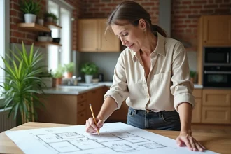 Femme étudiant un plan d'aménagement de maison posé sur une table en bois dans un intérieur lumineux