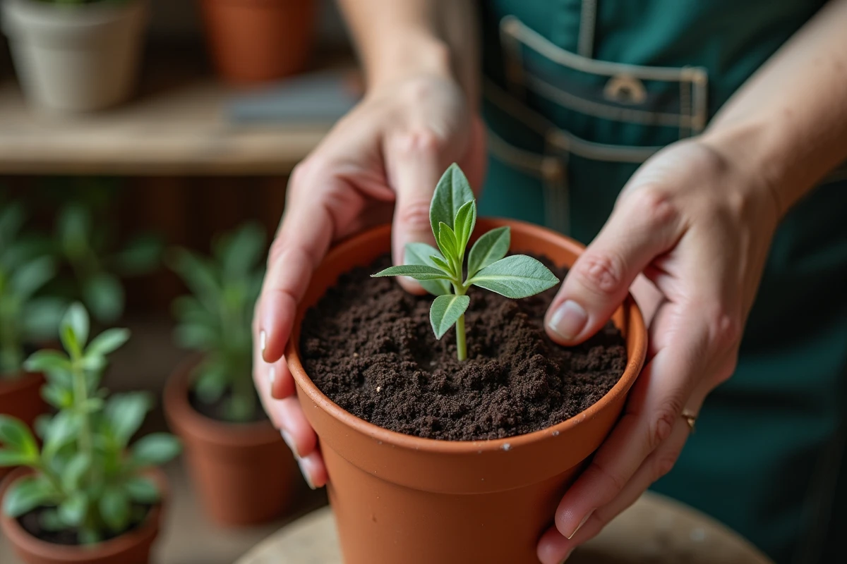 Mains de jardinier plantant un jeune plant de lavande dans un pot en terre cuite avec de la terre fraîche