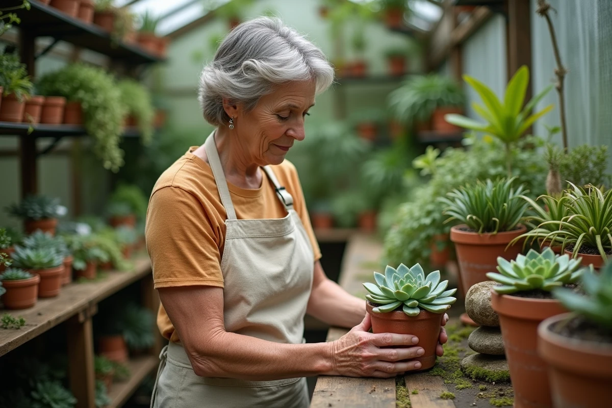 Femme examinant une plante succulente dans une serre rustique entourée de pots en terre cuite et de végétation luxuriante