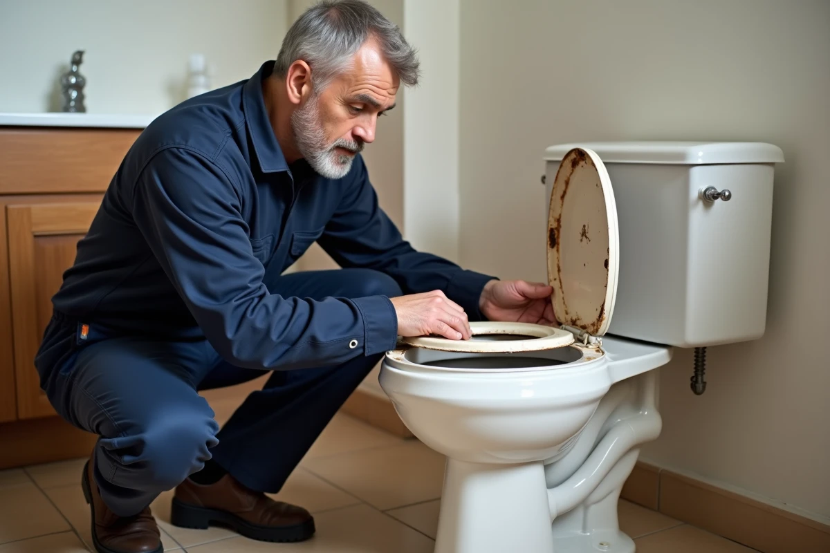 Plombier professionnel inspectant un siège de toilette cassé dans une salle de bain résidentielle