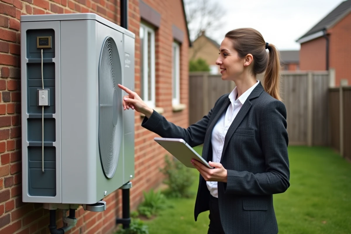 Consultante en rénovation énergétique présentant une pompe à chaleur air-air installée sur la façade extérieure d'une maison individuelle