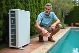 Homme inspectant une pompe à chaleur pour piscine installée en extérieur dans un jardin résidentiel