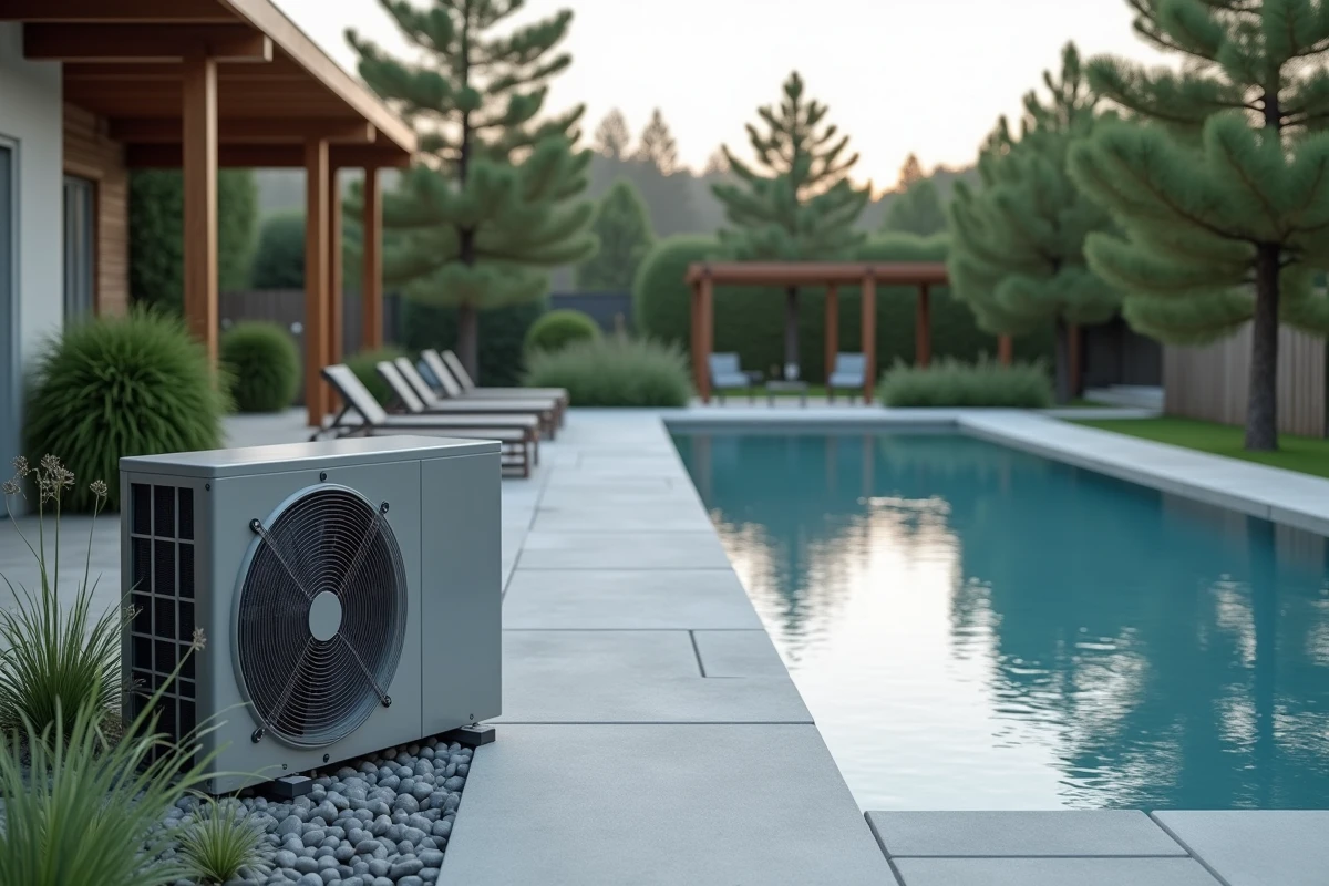 Pompe à chaleur pour piscine installée sur une terrasse en pierre, solution efficace pour maintenir la température de l'eau la nuit