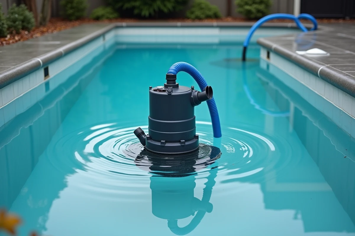 Pompe de vidange dans une piscine résidentielle en cours de mise hors gel pour l'hiver