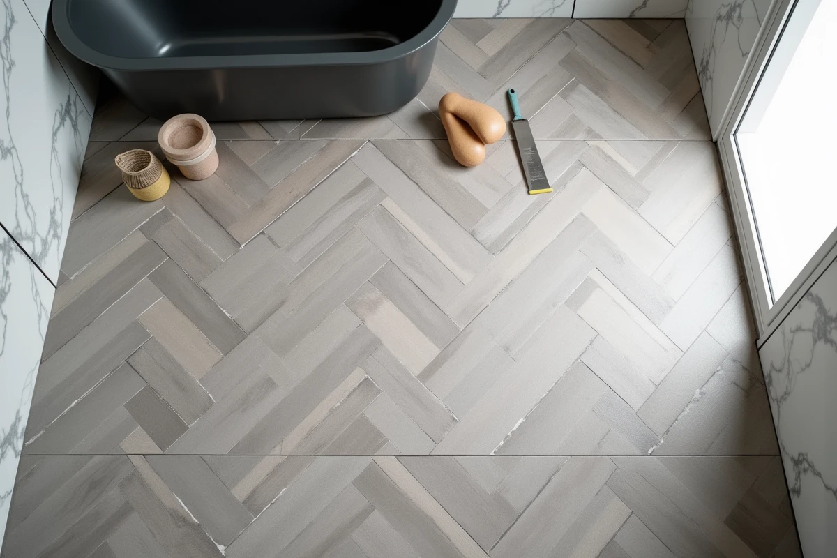 Pose de carrelage de sol en chevron effet parquet gris cendré dans une salle de bain moderne, vue de dessus, tendance 2026