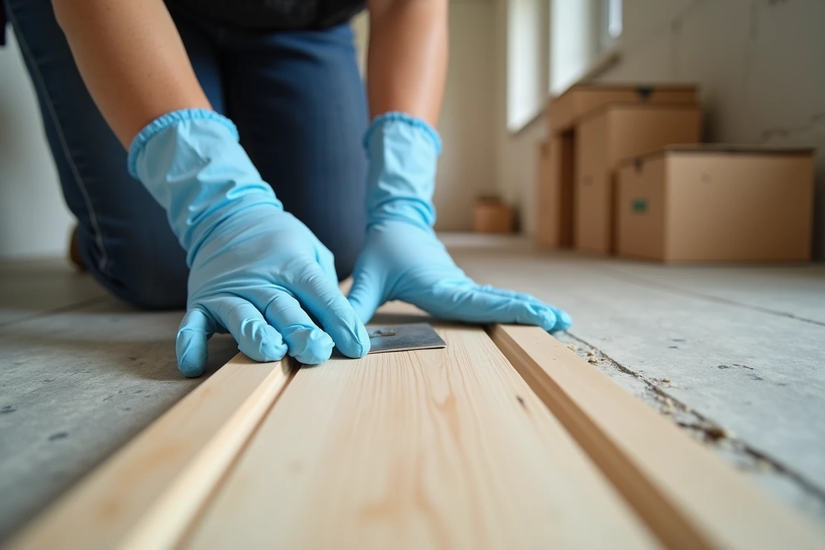 Gros plan sur la pose de colle pour parquet dans un couloir en rénovation, montrant les étapes techniques d'installation