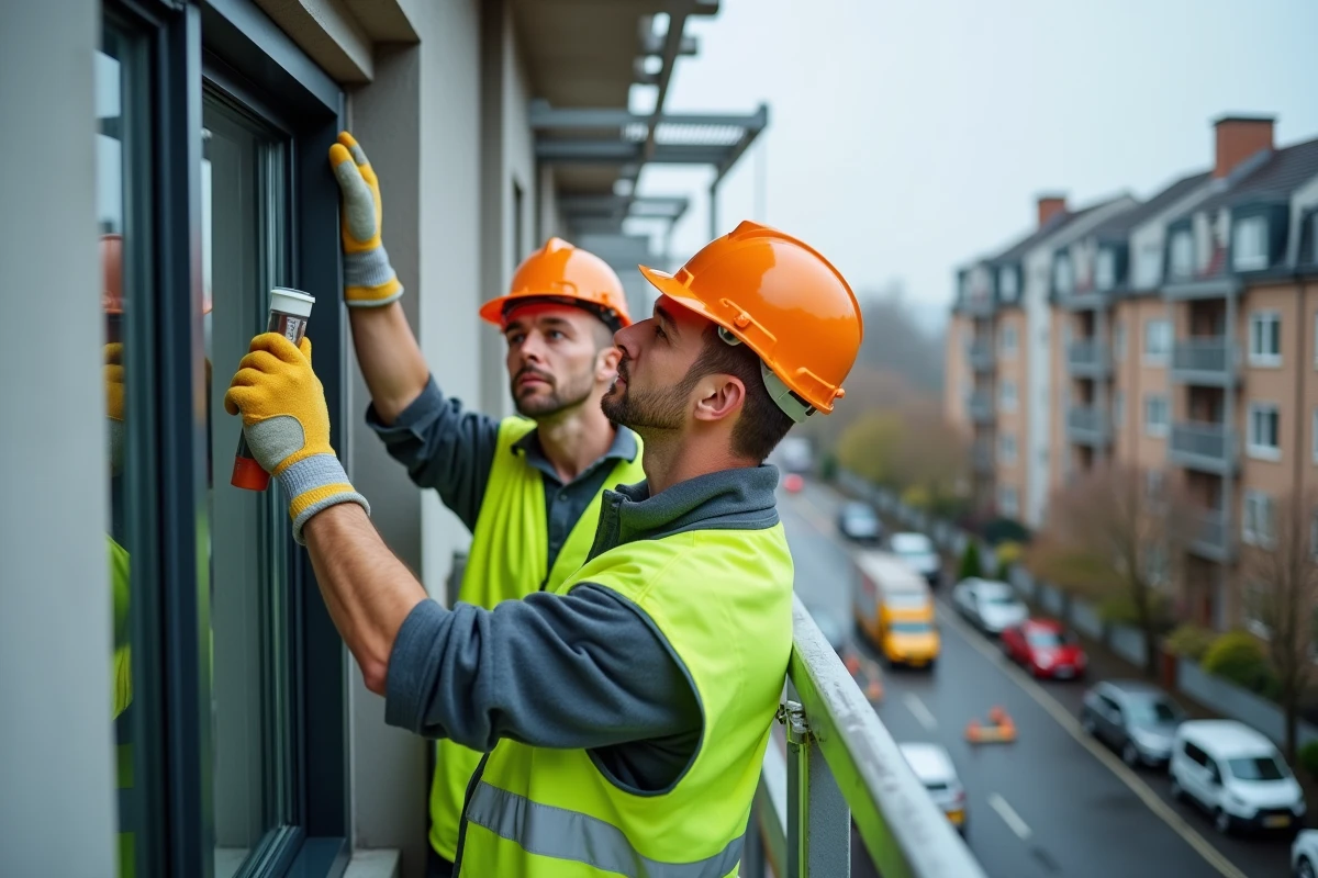 Deux ouvriers posant des fenêtres à double vitrage sur la façade d'un immeuble résidentiel dans le cadre de travaux d'amélioration énergétique