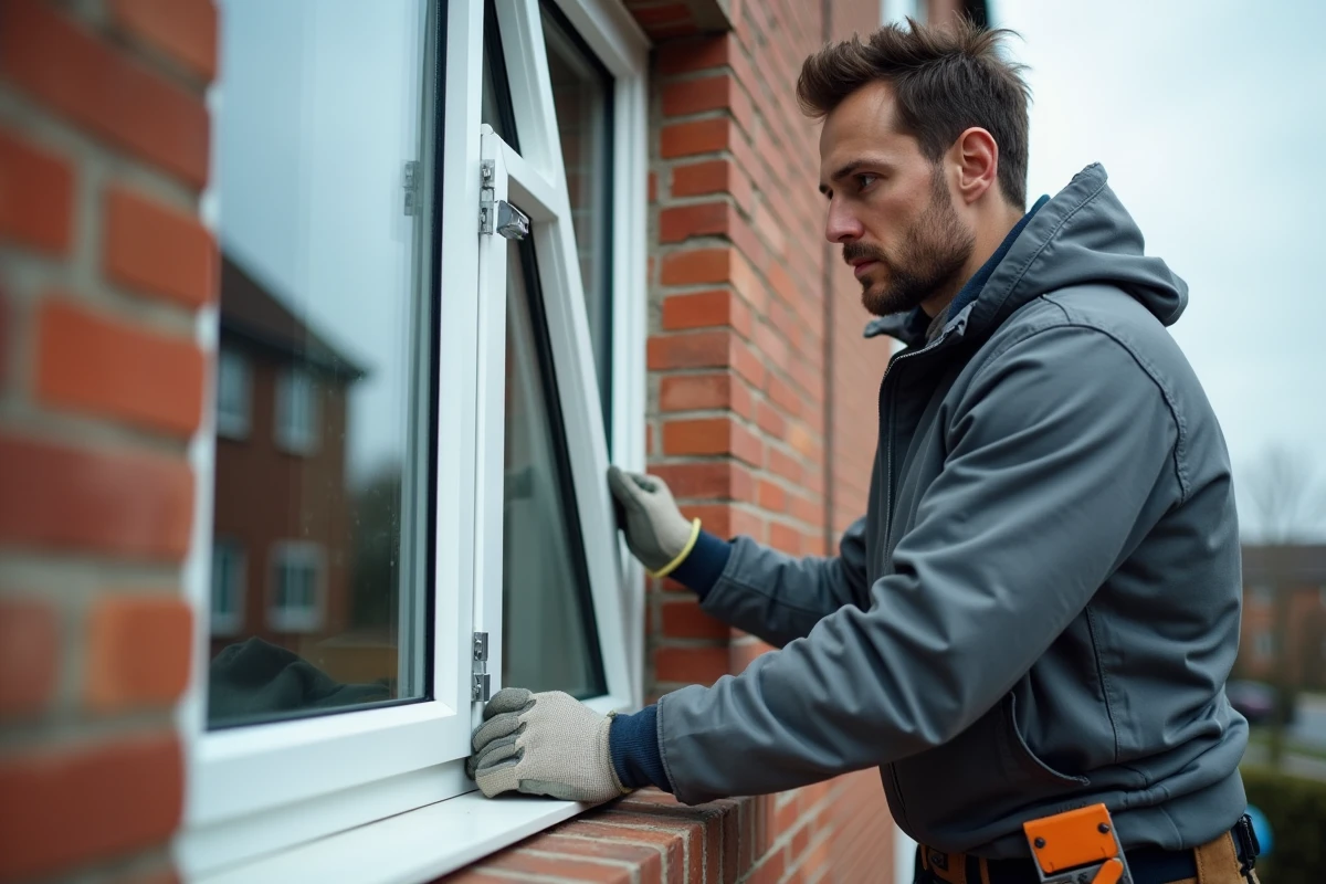 Ouvrier installant une fenêtre à double vitrage dans un mur en brique lors d'une rénovation résidentielle