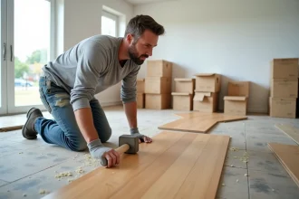 Artisan en train de poser du parquet en chêne dans un salon vide, illustrant le temps nécessaire pour l'installation d'un parquet
