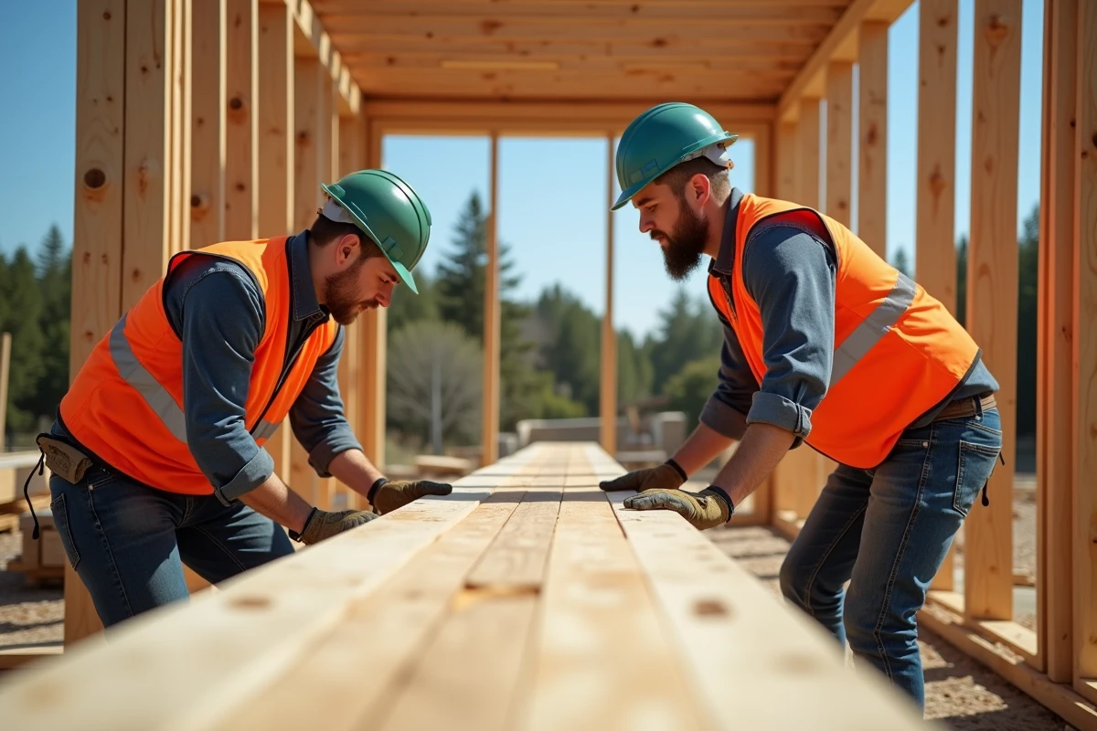 Ouvriers installant une solive en bois C24 dans un plancher de maison en ossature bois